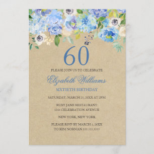 Aquarelle bleu Floral 60e anniversaire Invitation