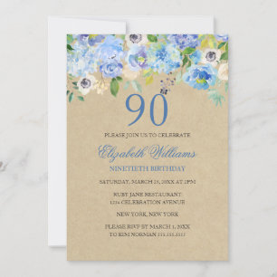 Aquarelle bleu Floral 90e anniversaire Invitation