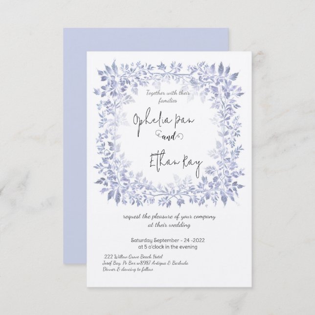 Aquarelle Bleu Floral faire-part de mariage orné (Devant / Derrière)