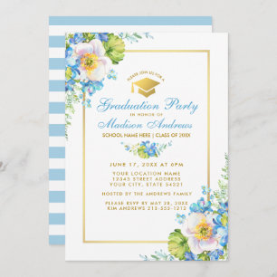 Aquarelle Bleu Floral Gold Grad Party Invitation S