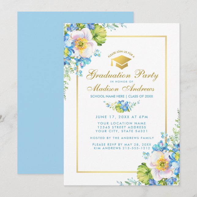 Aquarelle bleu Floral Grad Party Gold Invitation B (Devant / Derrière)