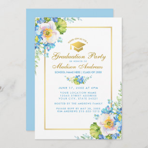 Aquarelle bleu Floral Grad Party Gold Invitation B