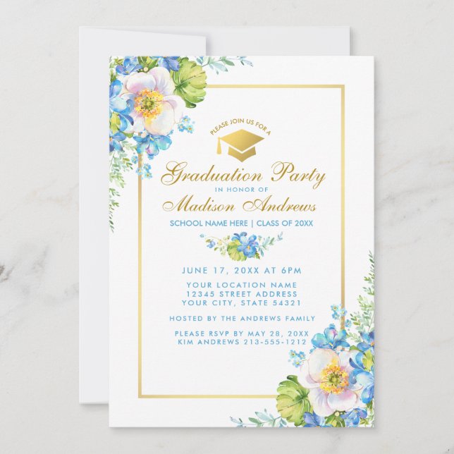 Aquarelle bleu Floral Grad Party Invitation or (Devant)