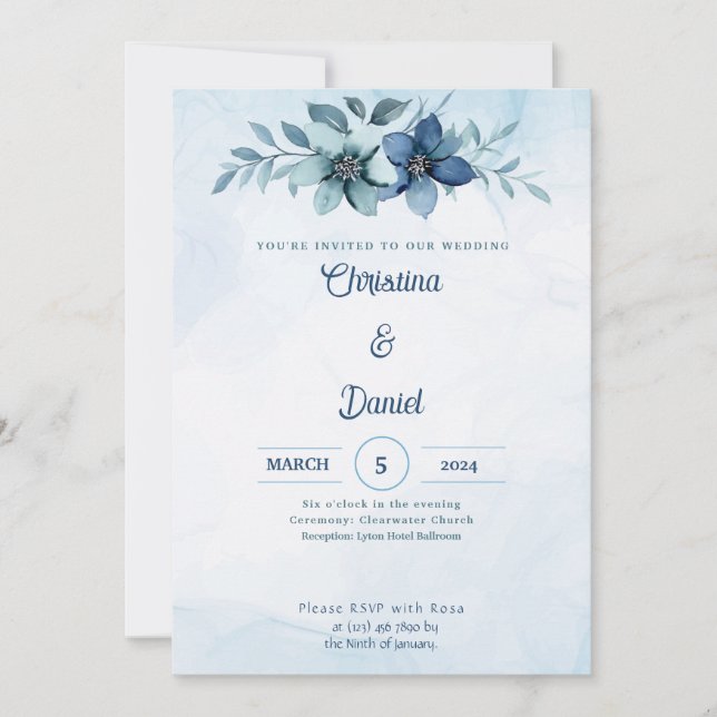 Aquarelle bleu Floral Invitations de mariage (Devant)