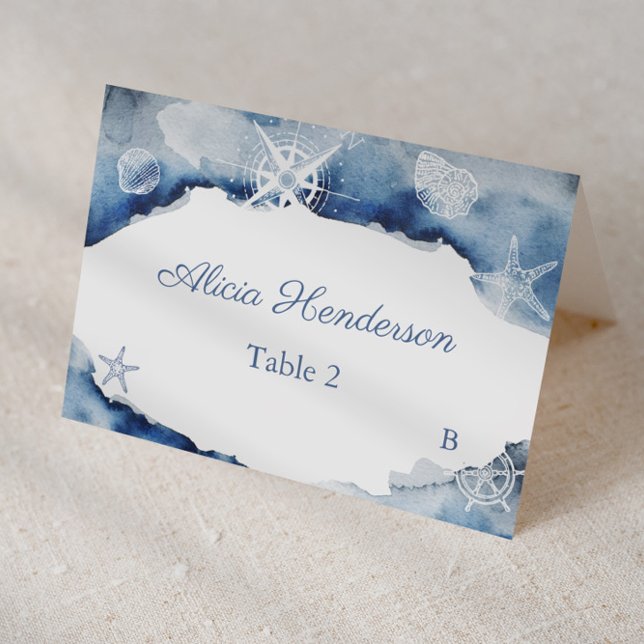 Aquarelle bleu foncé Ocean Baby shower Carte Place (Nautical inspired individual place cards for wedding, christening etc featuring dark blue watercolor)