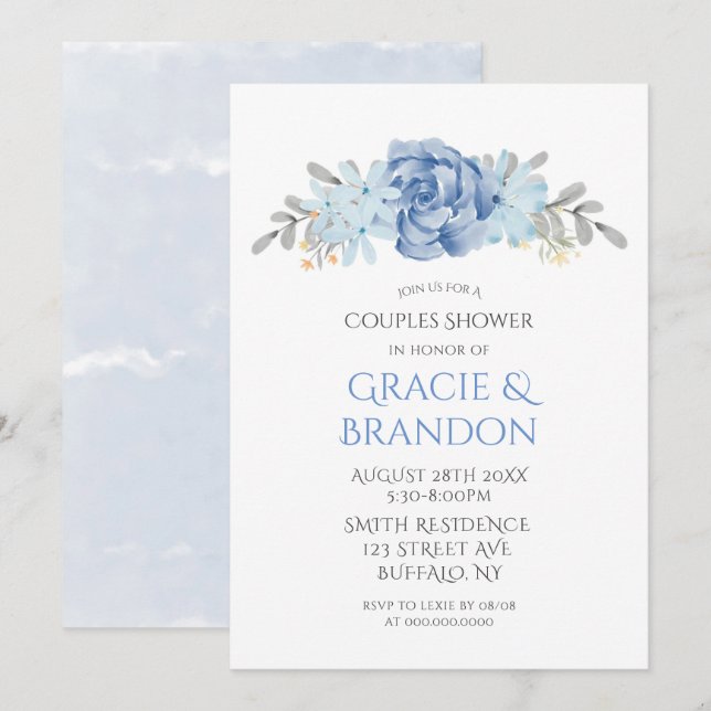 Aquarelle bleu foncé Peony Couple Invitations de d (Devant / Derrière)