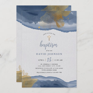 Aquarelle bleu   Gold Boys Baptism Invitation