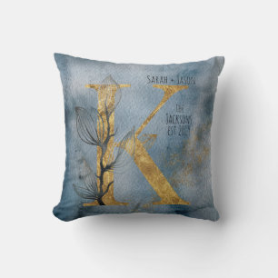 Aquarelle Bleu Gris Or K Monogramme Oreiller