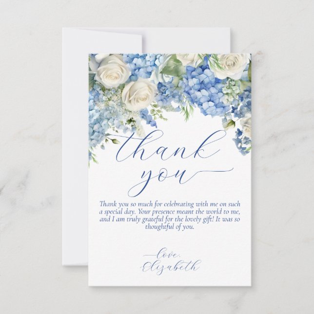 Aquarelle bleu Hydrangea Script Carte de remerciem (Devant)