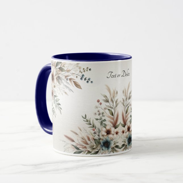 Aquarelle bleu ivoire Fleurs Mug (Devant gauche)