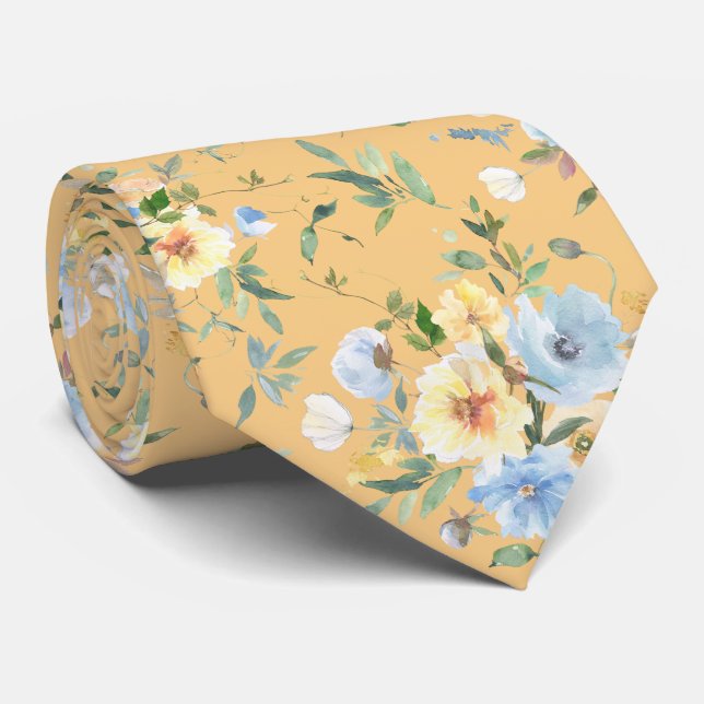 Aquarelle bleu jaune Floral Cravate Necktie (Roulé)