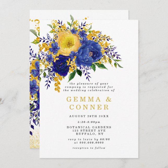 Aquarelle bleu jaune Floral Wedding Invitations (Devant / Derrière)