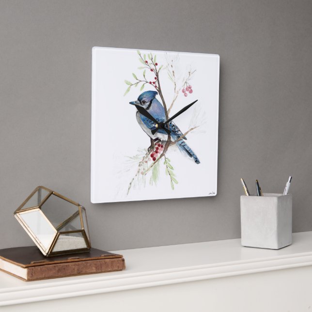 Aquarelle bleu Jay Bird Art Carré Horloge murale (Bureau)