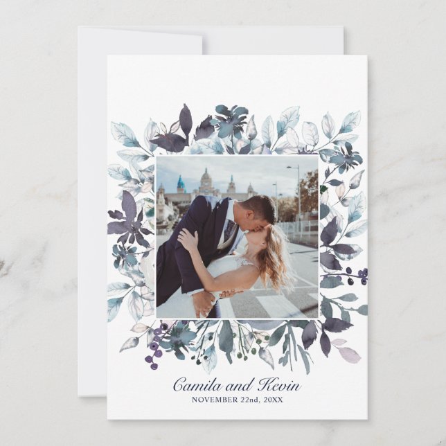 Aquarelle bleu Mariage Floral Merci PHOTO (Devant)