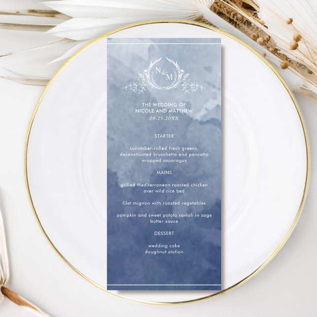 Aquarelle bleu marine chic, menu Mariage Monogram (Créateur téléchargé)