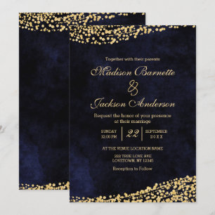 Aquarelle bleu marine et Faire-part de mariage or