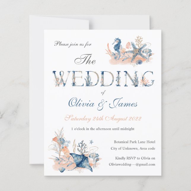 Aquarelle bleu marine faire-part de mariage (Devant)