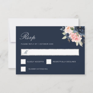 aquarelle bleu marine floral argent RSVP carte