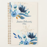 Aquarelle bleu moderne Floral Personnalisé<br><div class="desc">Belle et stylisée aquarelle peinture de fleurs en bleu et or,  personnalisée avec votre nom.</div>