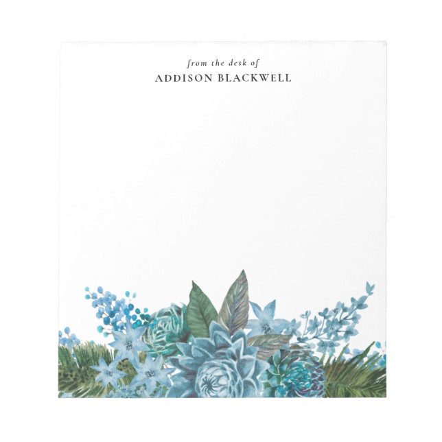 Aquarelle bleu Nom floral Modèle Bloc-notes (Devant)