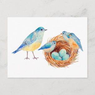 Aquarelle Bleu Oiseaux et carte postale