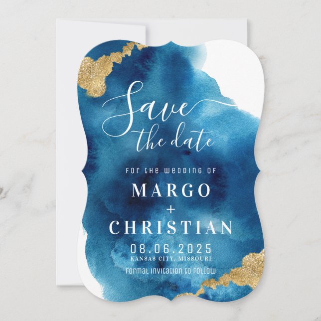Aquarelle Bleu & Or Enregistrer La Date Invitation (Devant)
