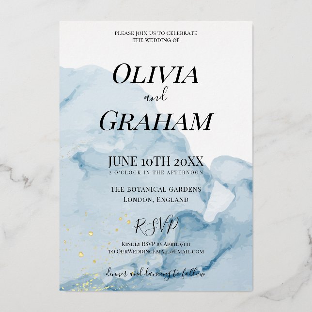 Aquarelle bleu poussiéreux Invitation d'or traditi (Recto)