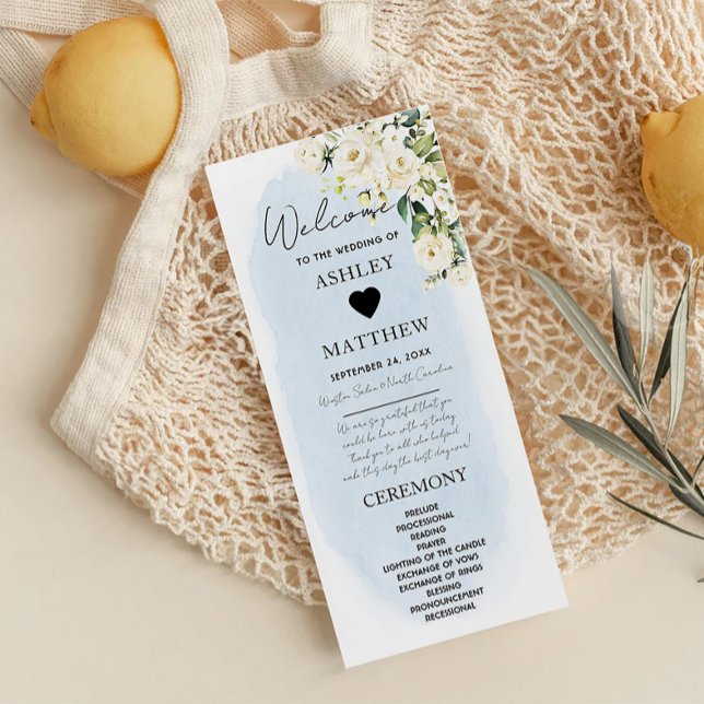 Aquarelle bleu Rose blanche Programme de mariage (Créateur téléchargé)