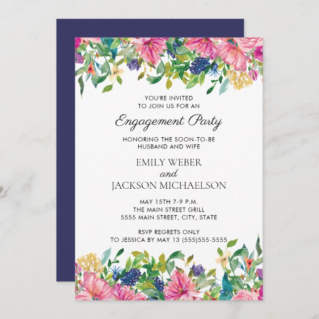 Aquarelle bleu rose Fiançailles (Devant / Derrière)