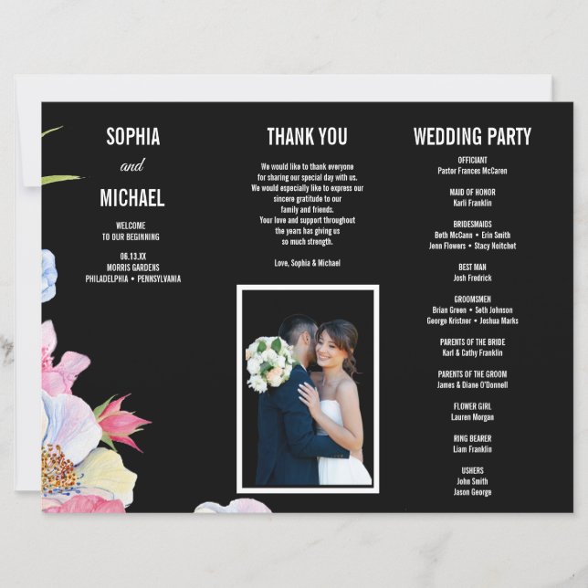 Aquarelle bleu rose Fleurs Programme de mariage Ci (Devant)