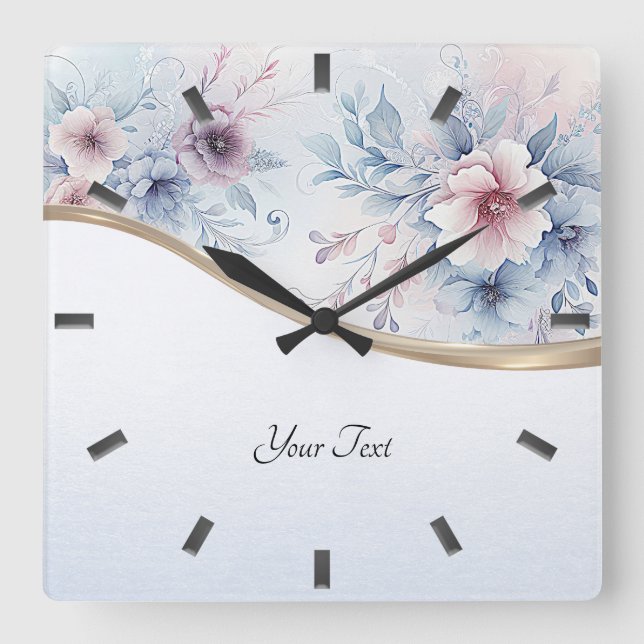 Aquarelle Bleu rose Floral Horloge murale (Recto)