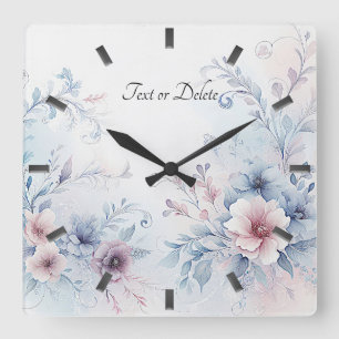 Aquarelle Bleu rose Floral Horloge murale