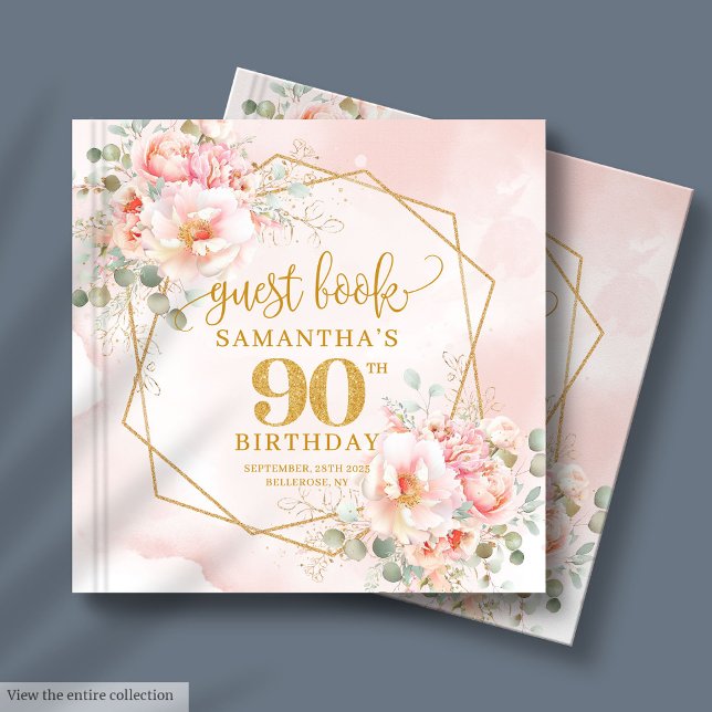 Aquarelle bleu rose or floral 90e livre d'or (Watercolor blush pink gold floral 90th guest book

)