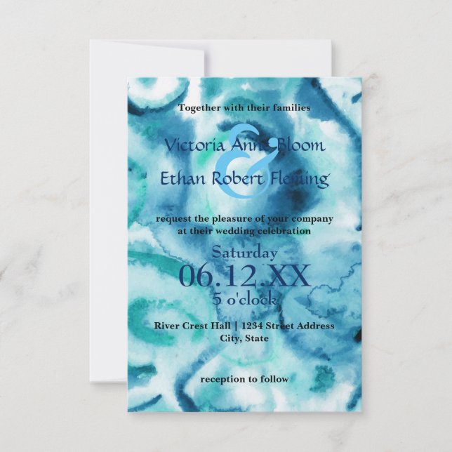 Aquarelle Bleu sur Bleu - Faire-Part de Mariage 3x (Devant)