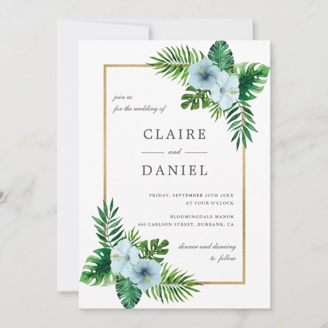 Aquarelle bleu tropical Faire-part de mariage flor (Devant)