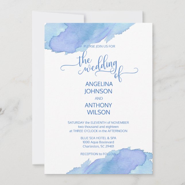 Aquarelle Bleu Turquoise Violet Mariage Invitation (Devant)
