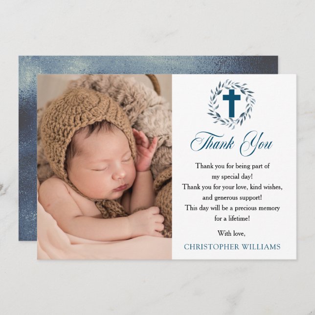 Aquarelle bleu Wreath Boy Photo Baptême Merci (Devant / Derrière)