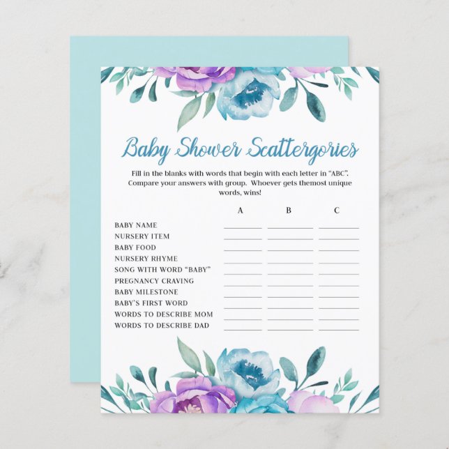 Aquarelle bleue Baby shower floral (Devant / Derrière)