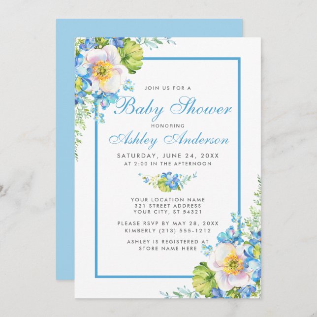 Aquarelle bleue Baby shower floral Invitation B (Devant / Derrière)