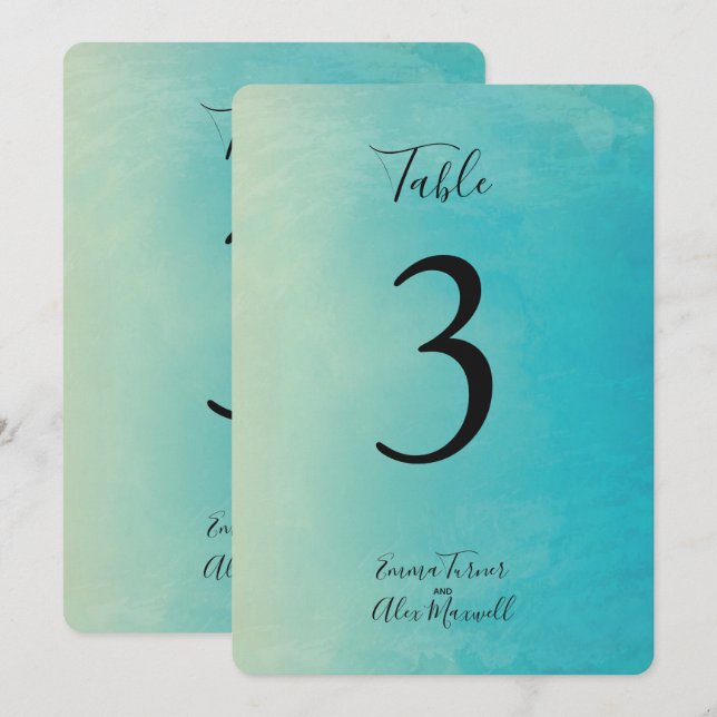 Aquarelle bleue | Cartes numéros de table (Devant / Derrière)