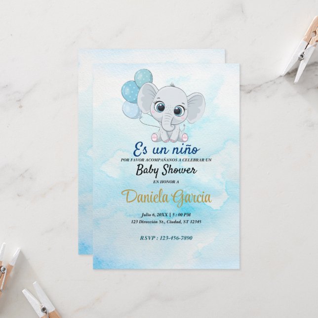 Aquarelle bleue Cute Baby shower Invitation (Devant/Arrière en situation)
