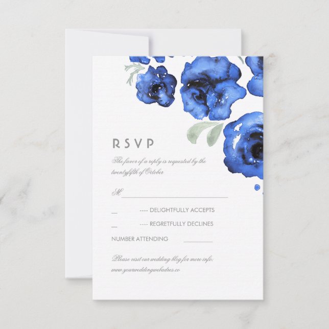Aquarelle bleue de roses épousant la carte de RSVP (Devant)