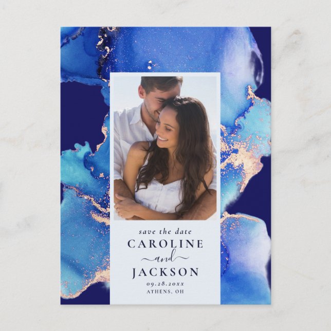 Aquarelle bleue Enregistrer la date Carte postale (Devant)