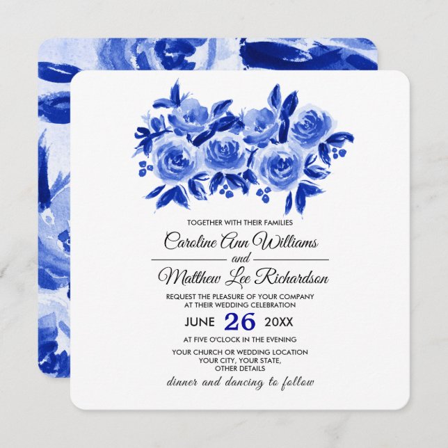 Aquarelle bleue Faire-part de mariage de design fl (Devant / Derrière)