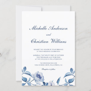 Aquarelle bleue Faire-part de mariage florale