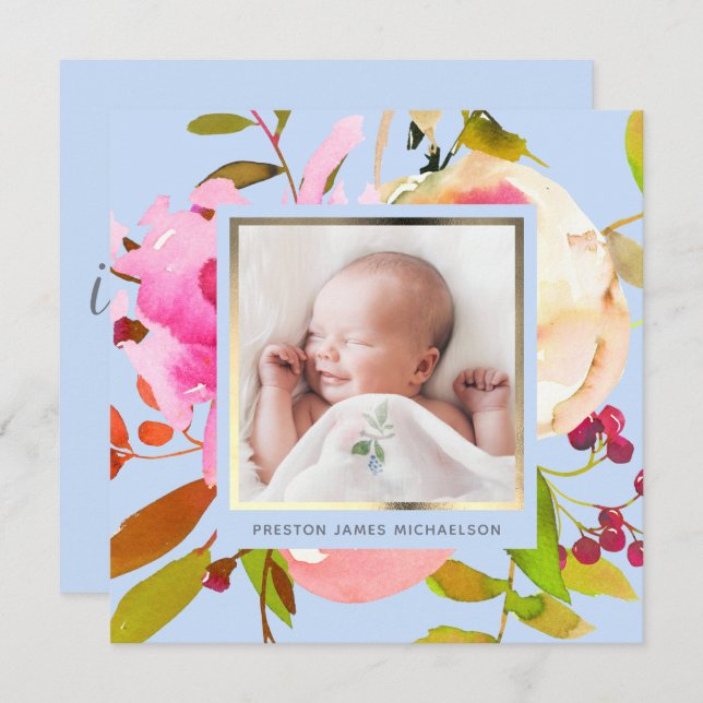 Aquarelle bleue Faire-part de naissance photo flor (Devant / Derrière)