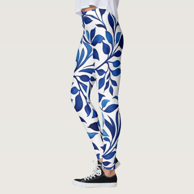 Aquarelle bleue Feuille Pantalon Yoga Leggings fem (Gauche)