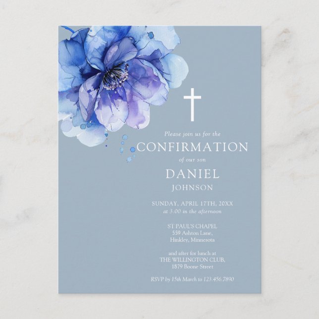Aquarelle bleue Floral Confirmation Invitation (Devant)