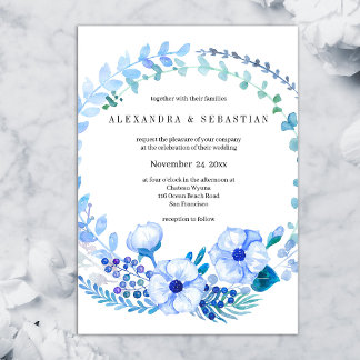 Aquarelle bleue Floral Faire-part de mariage rusti