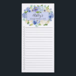 Aquarelle bleue Floral Liste d'achats personnalisé<br><div class="desc">Bac à cocher et doublure design de la liste d'achat du marché avec une armature de fleurs bleu & blanc aquarelle personnalisée avec votre nom.</div>
